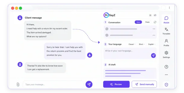 SayZ side panel drafting a reviewed client reply